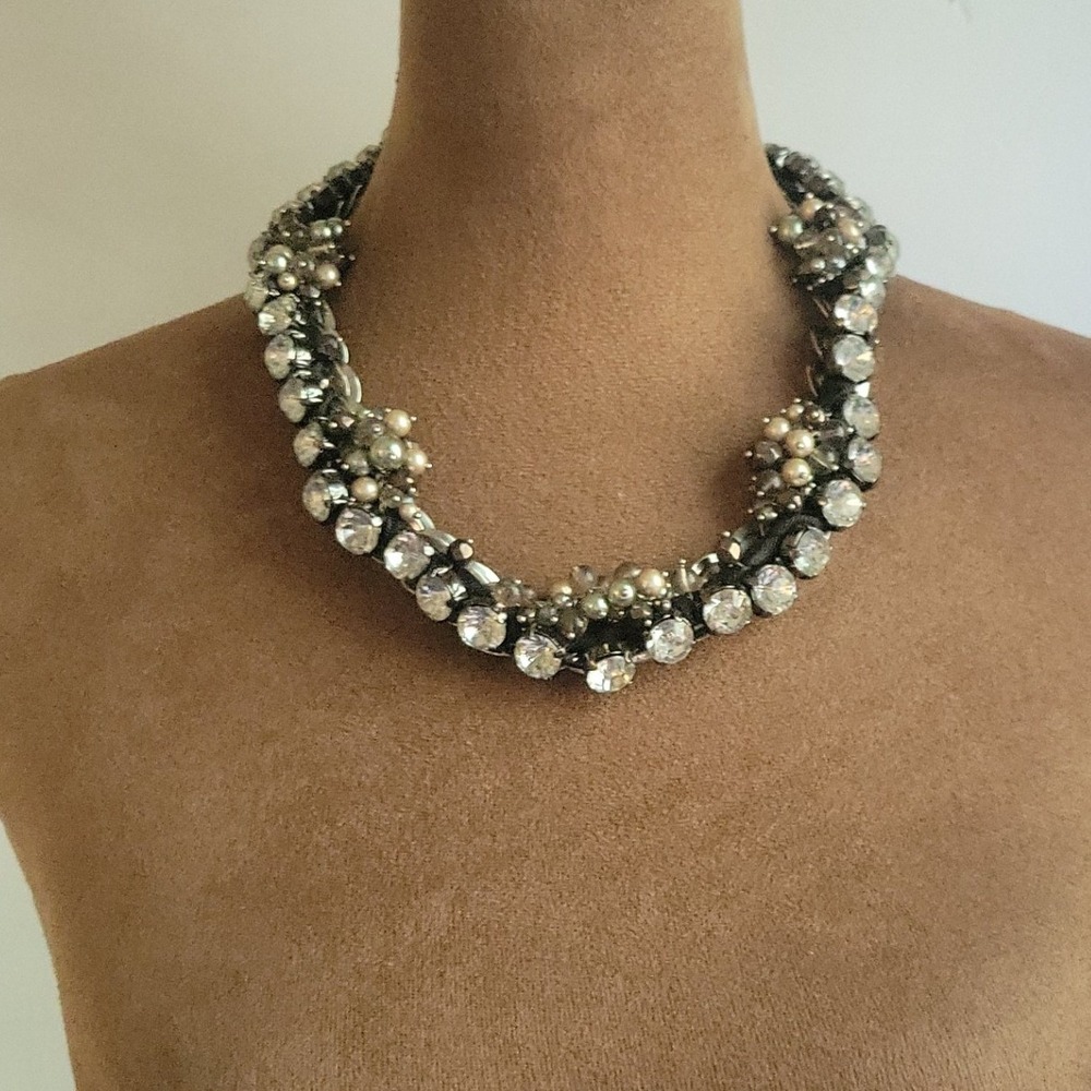 Silver Tone Chunky Rhinestone Faux Pearl Cluster Statement Necklace One Size Y2k